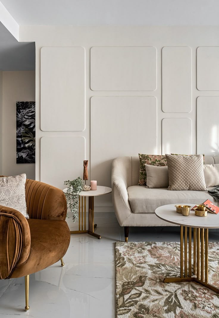 Modern 2BHK interior with yellow chairs and wooden elements