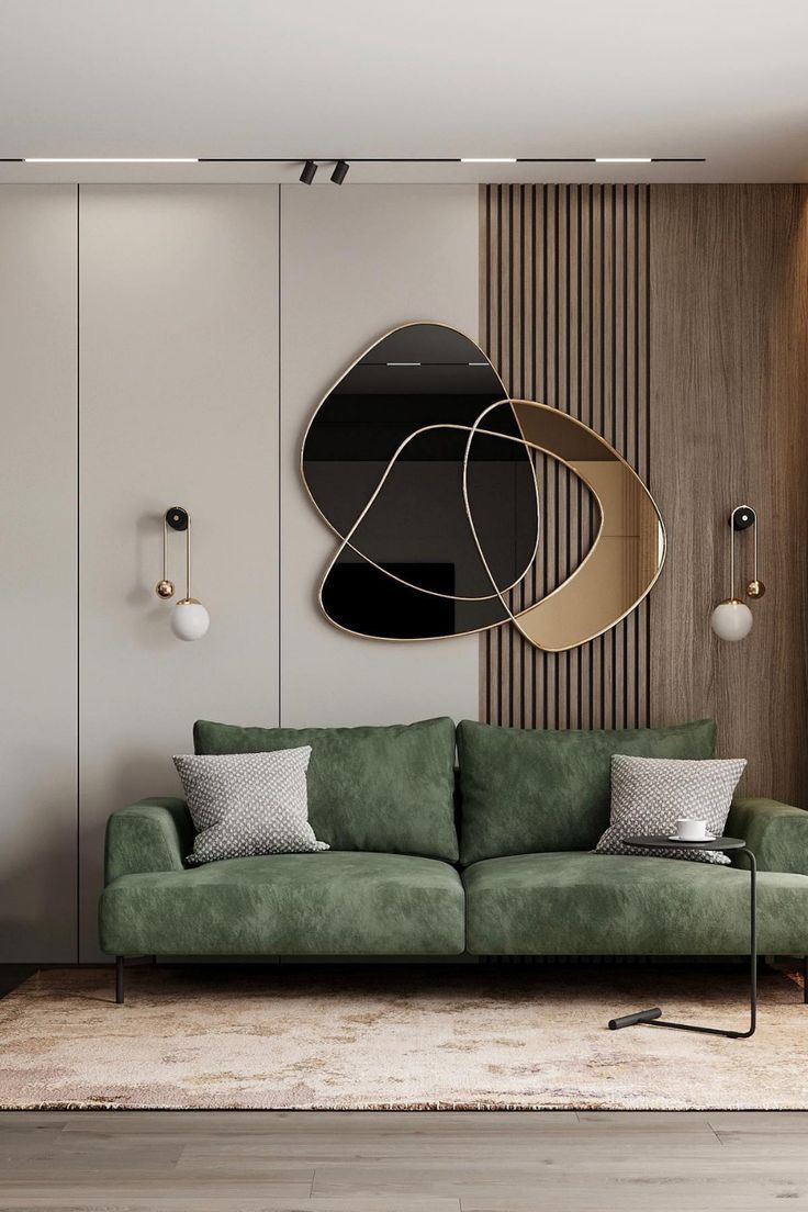Elegant 3BHK living room with blue wall and yellow accents