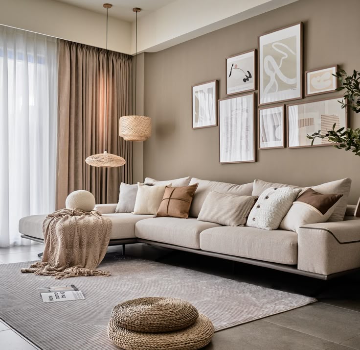 Modern living room with yellow sofa and round coffee table