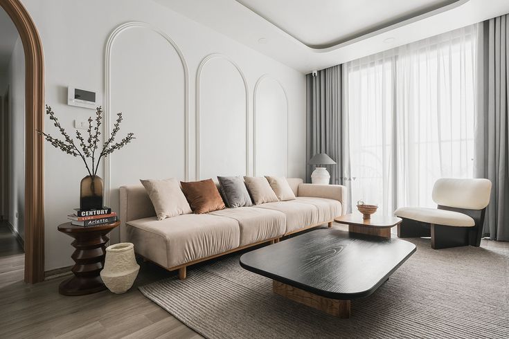 Modern living room with yellow sofa and round coffee table